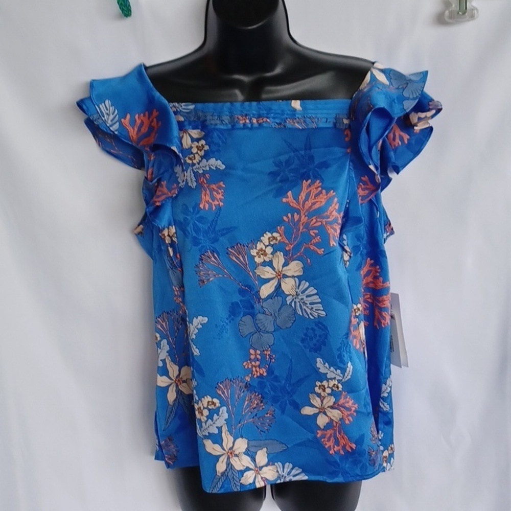 Liz Claiborne Ruffled Flutter Sleeve Blue and Tan Blouse, Sz S